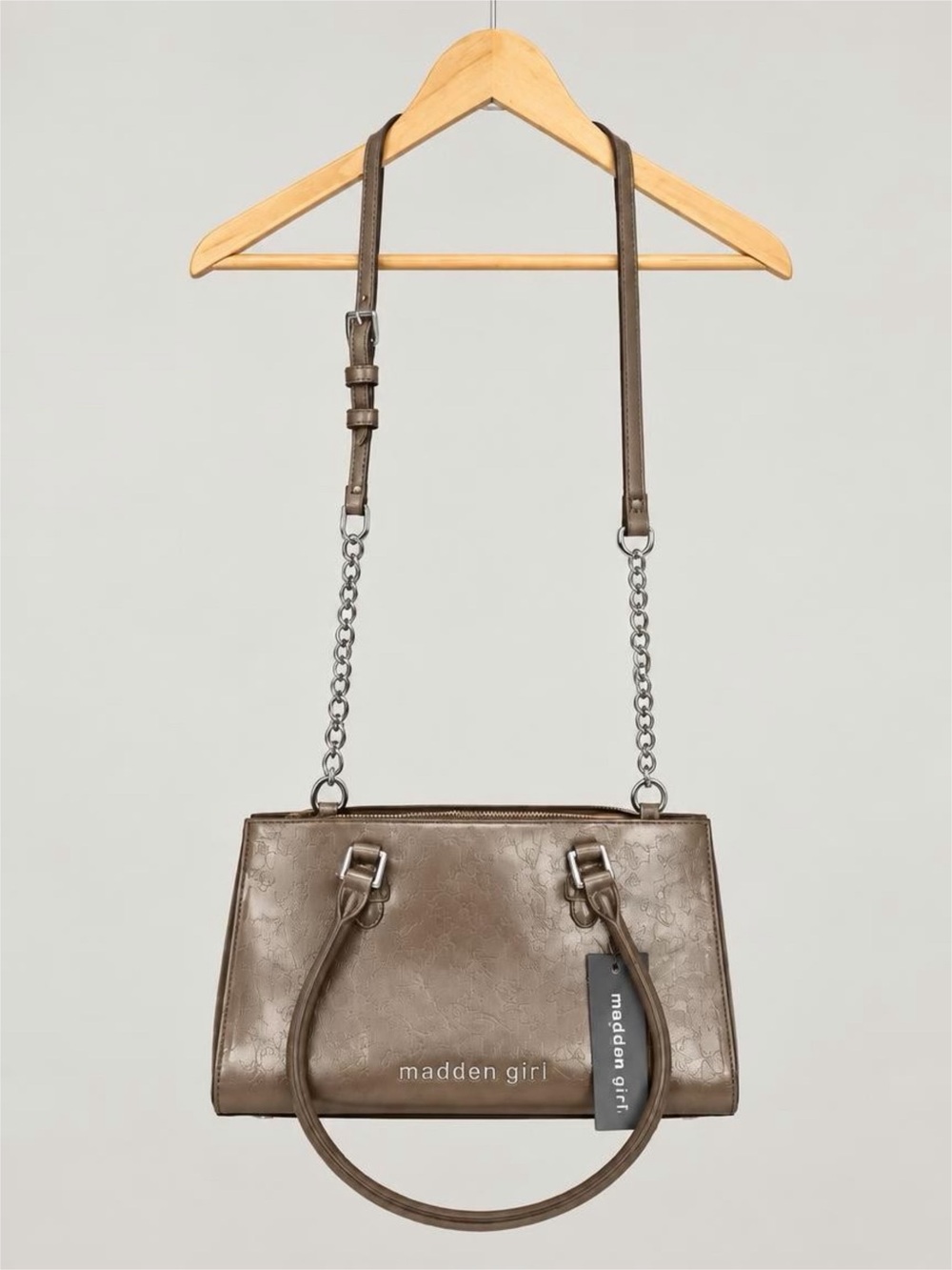 NWT Madden Girl Metallic Taupe Chain-Detail Satchel